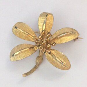 Vintage B.S.K. Gold Tone Etched Brushed Smooth Floral Flower Brooch Pin